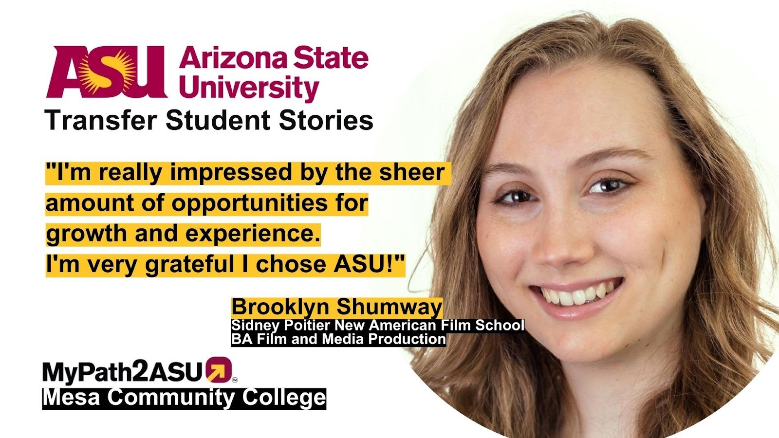 Transfer Student Story Graphic feat Brooklyn Shumway w/ quote about ASU
